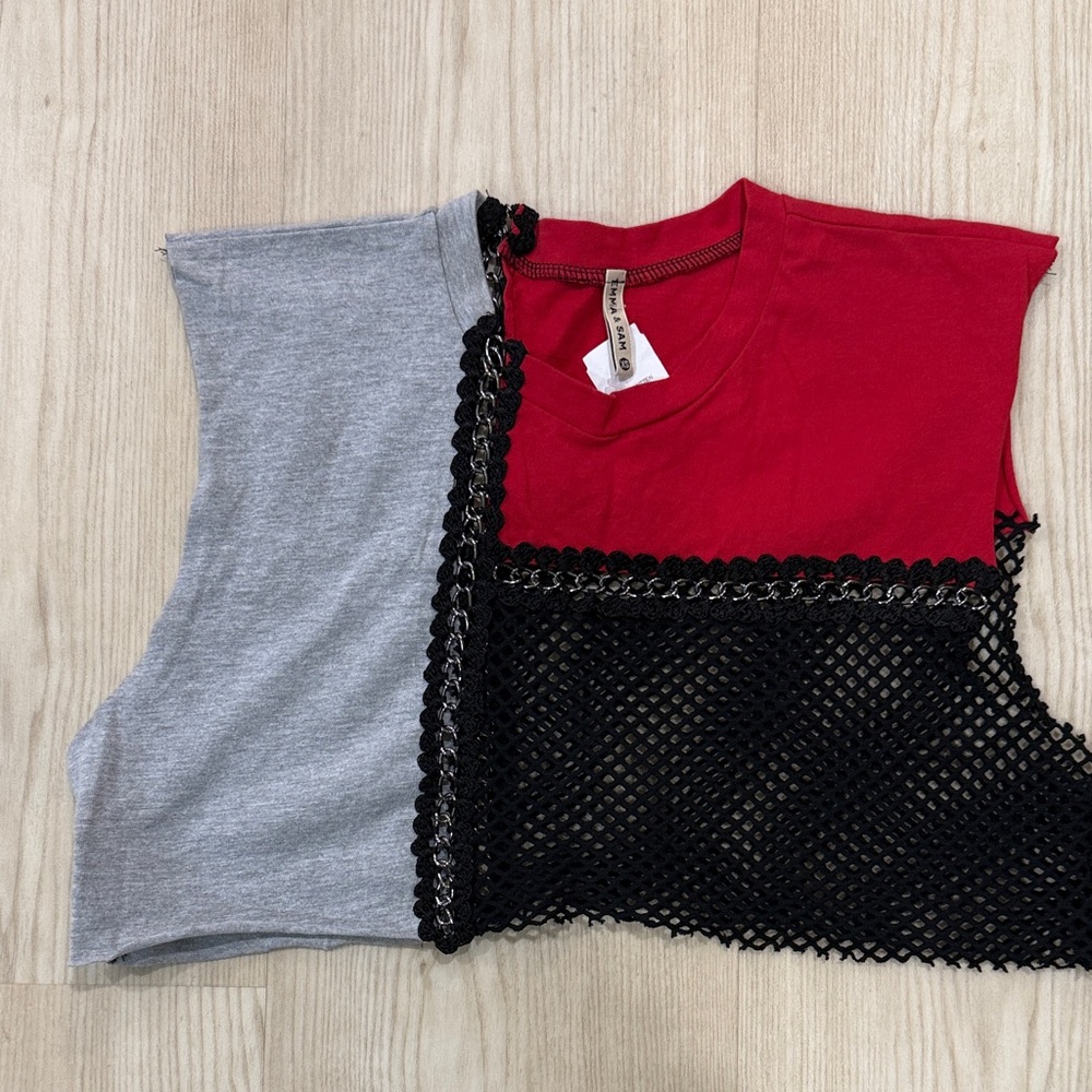 Two-Tone Red and Gray Mesh-Accent Crop Top